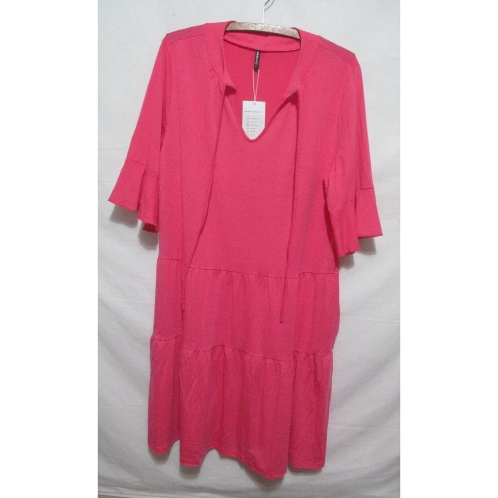 NWT QINCAO Pink Dress Size L Ruffle Sleeve Tiered - Picture 2 of 8